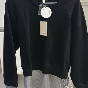LARA Black Crew Neck Women's Sweater and striped button down attached. Boutique
